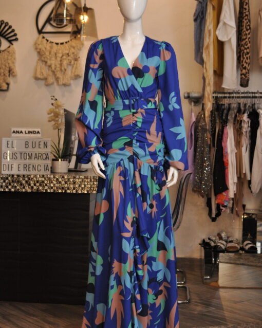 Vestido manga larga azul estampado