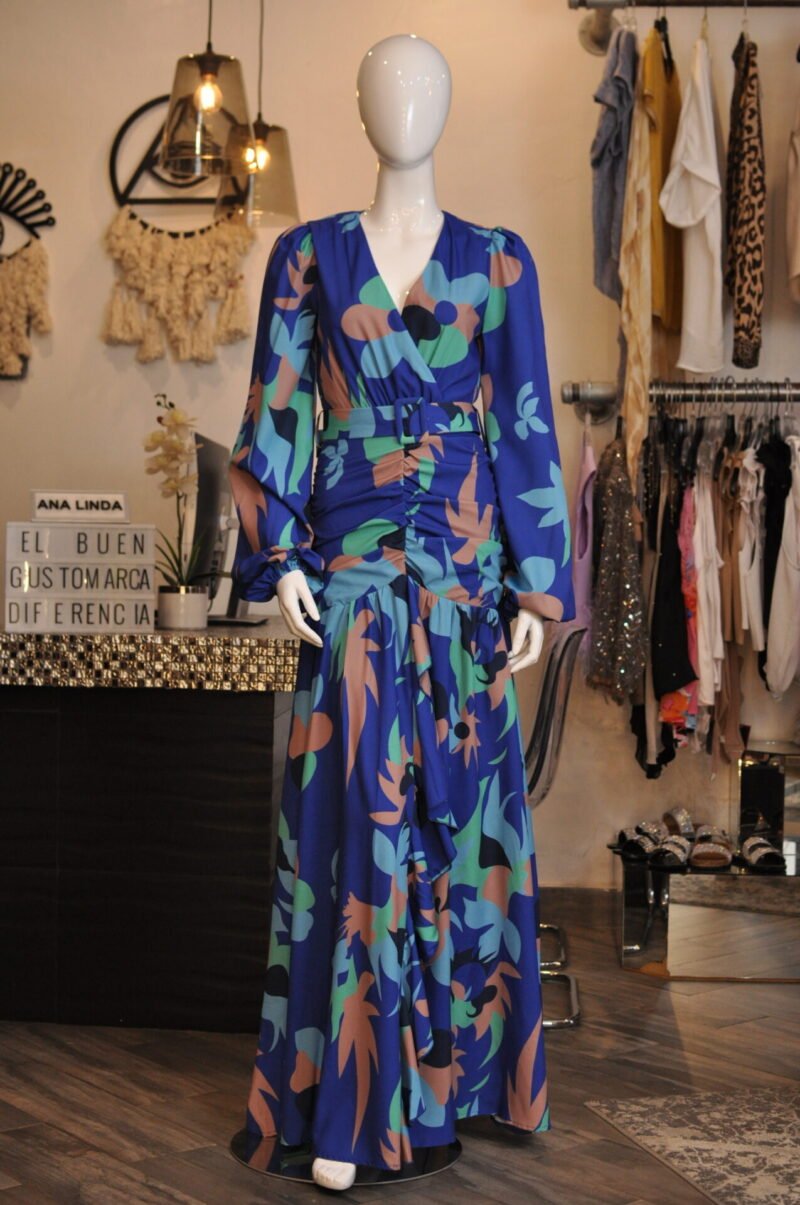 Vestido manga larga azul estampado