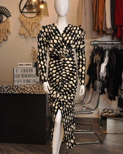 Vestido media pierna drapeado beige y negro
