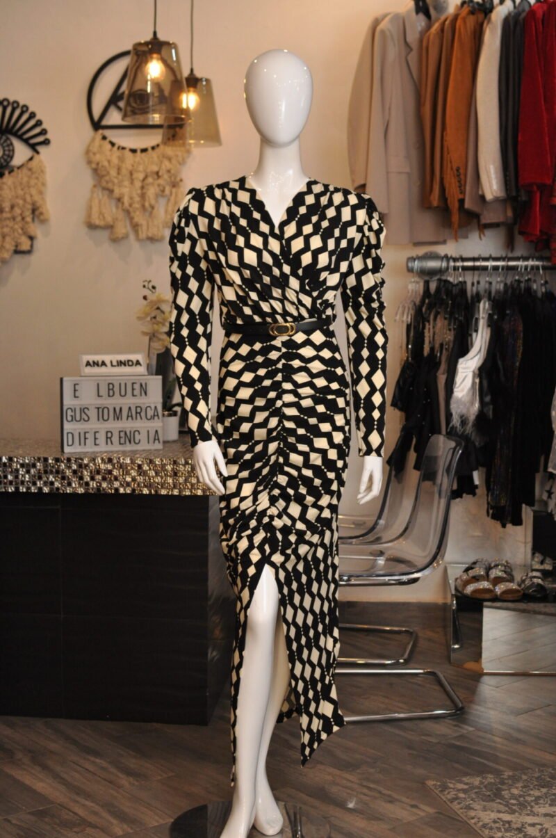 Vestido media pierna drapeado beige y negro