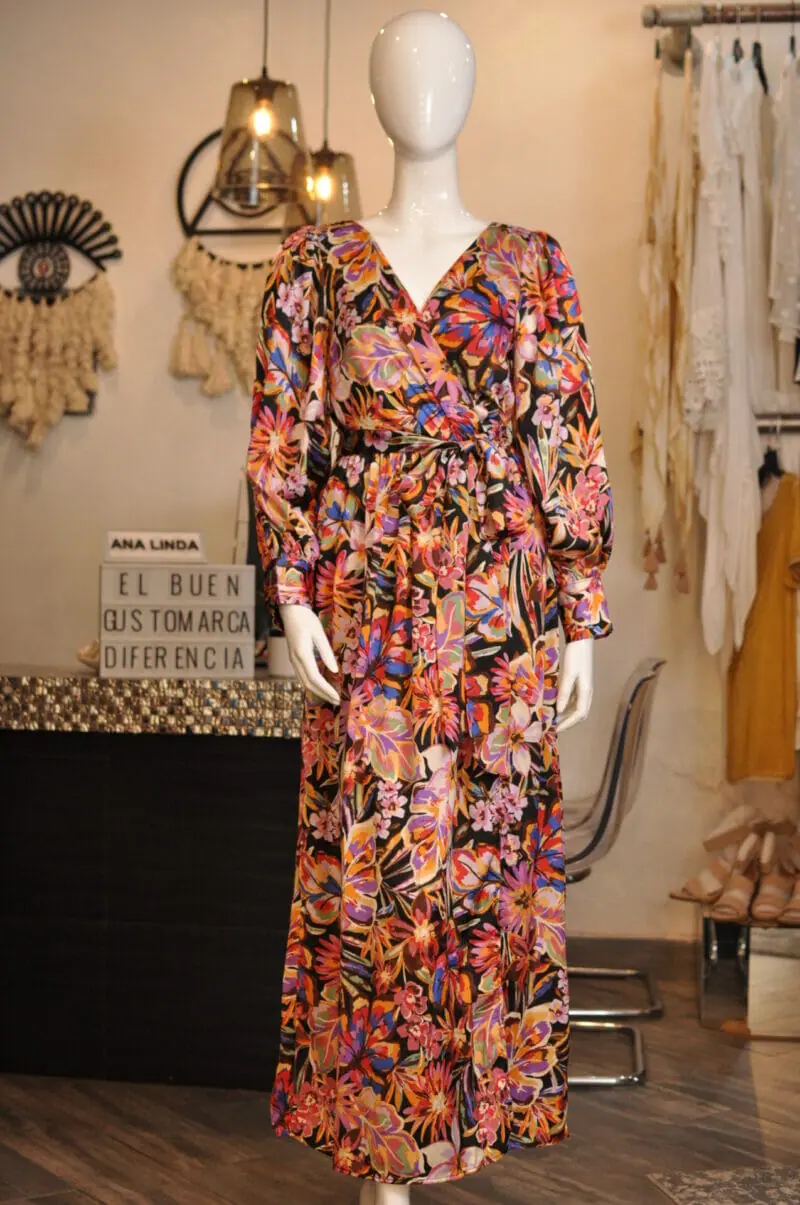 Vestido largo manga larga estampado multicolor