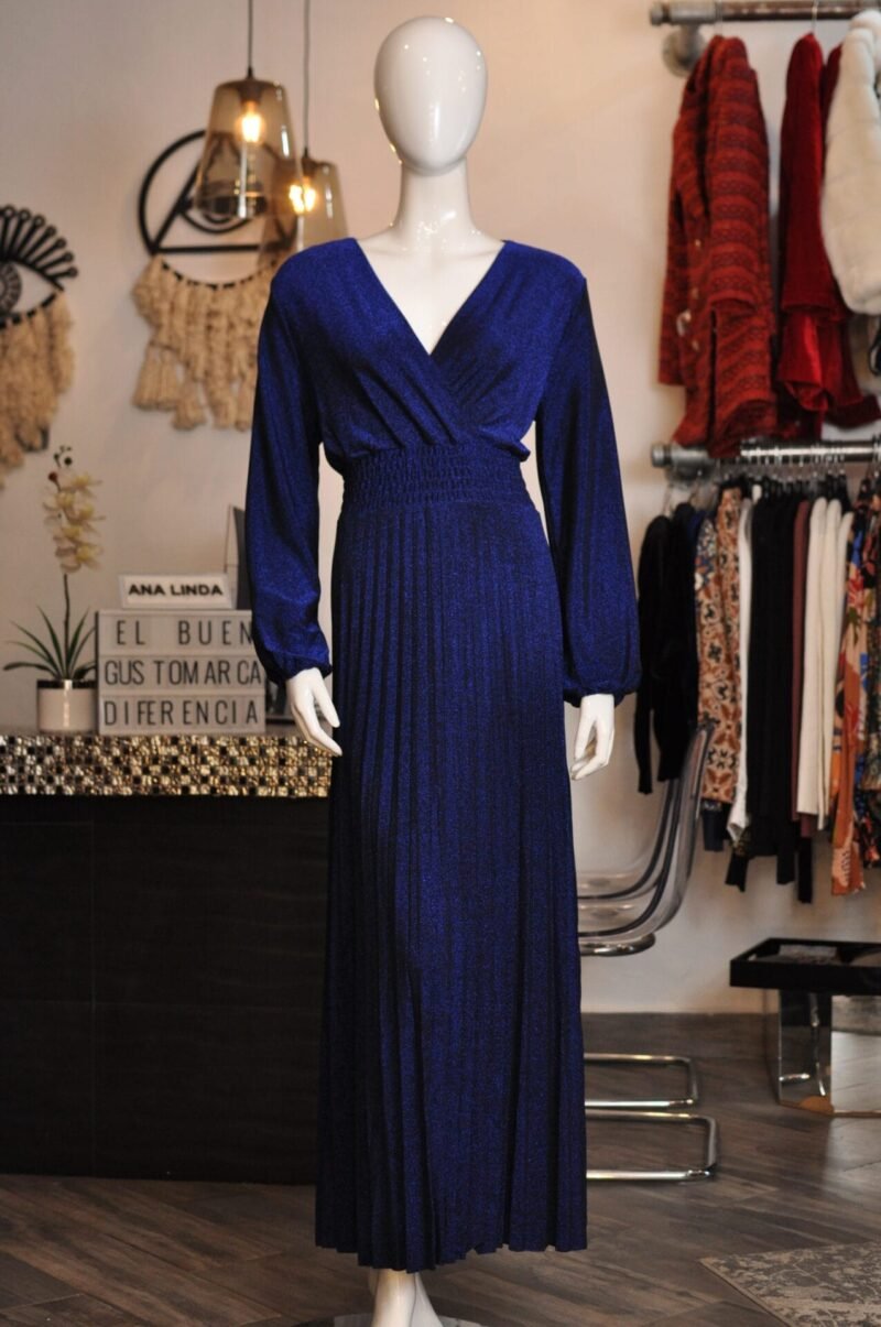 Vestido azul de brillos manga larga