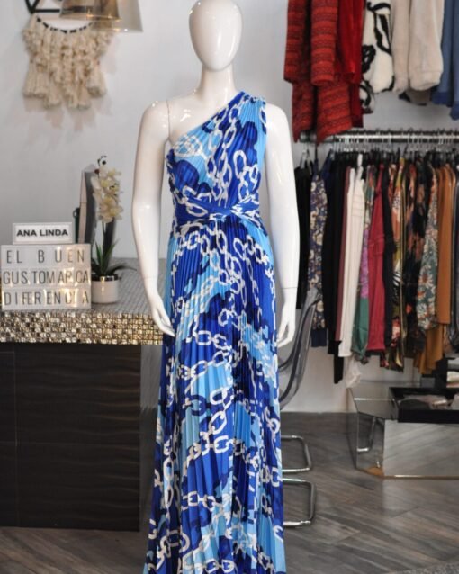 Vestido largo plisado de un hombro estampado azul
