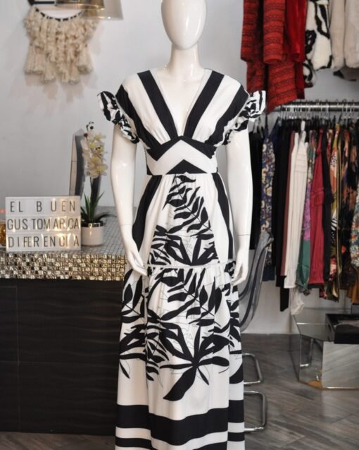Vestido largo estampado rayas blanco con negro