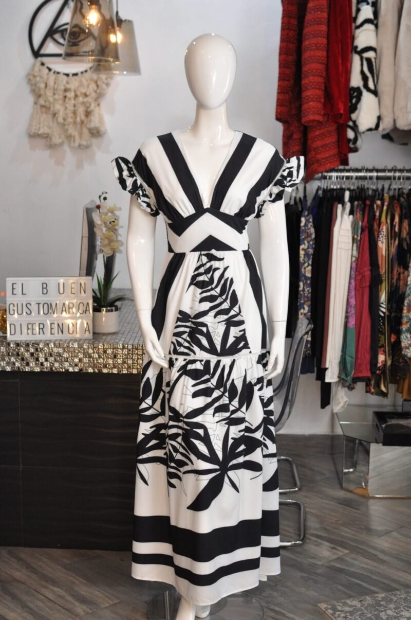 Vestido largo estampado rayas blanco con negro