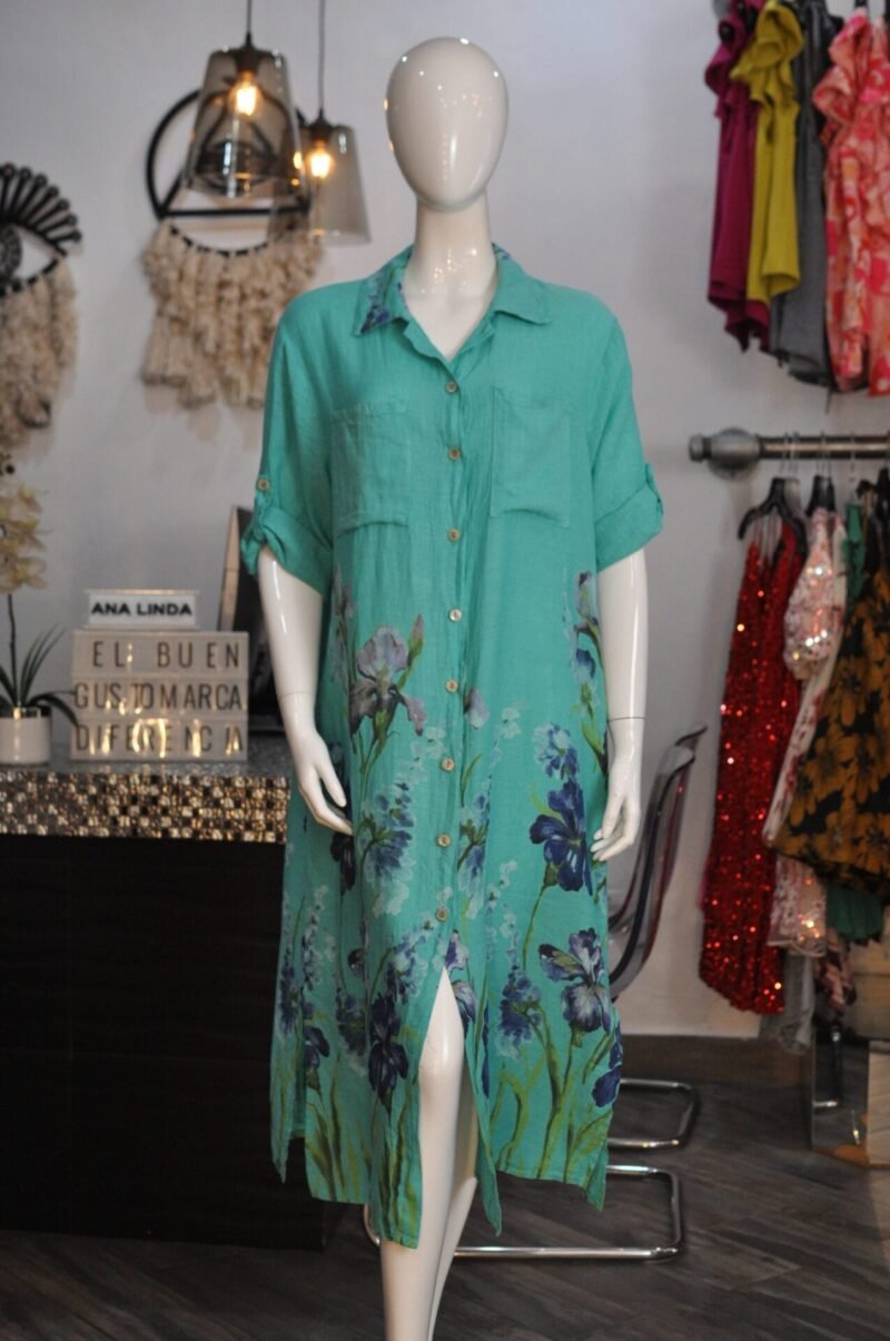 Vestido de lino azul con estampado