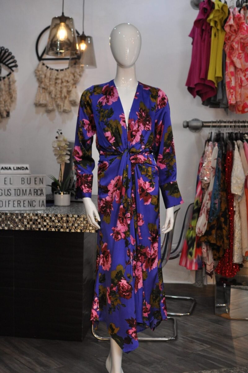 Vestido manga larga azul estampado flores