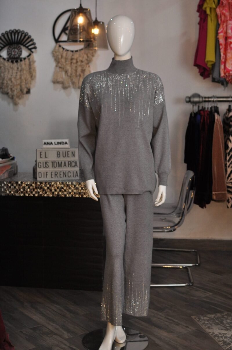 Set pants liso gris con piedritas