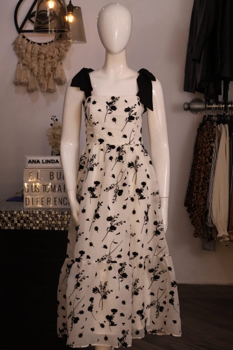 Vestido media pierna blanco estampado flores negro - Image 2