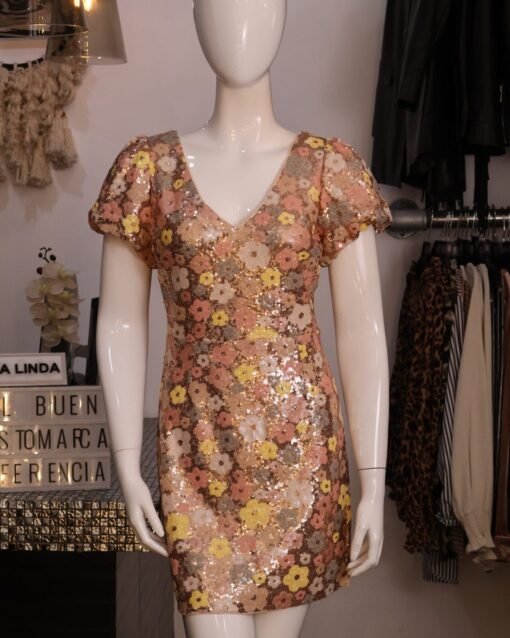 Vestido corto lentejuelas flores con moños