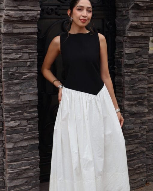 Vestido largo bicolor blanco con negro