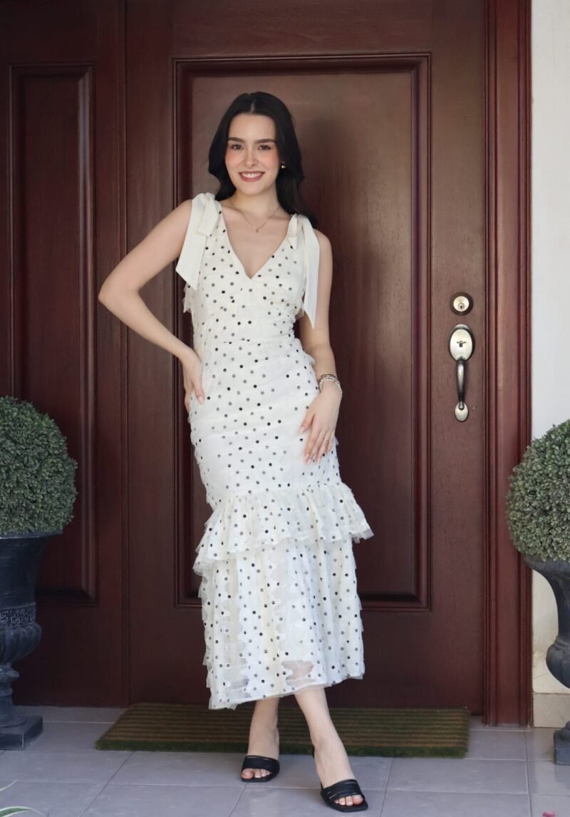 Vestido midi polka dots beige con negro - Image 2