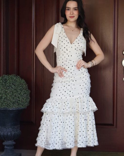 Vestido midi polka dots beige con negro