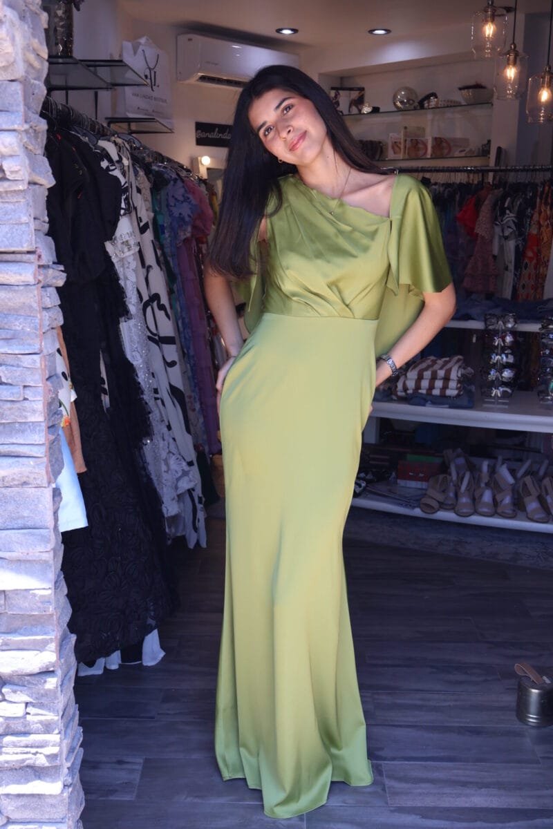 Vestido liso verde limón tipo satin - Image 2