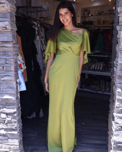 Vestido liso verde limón tipo satin