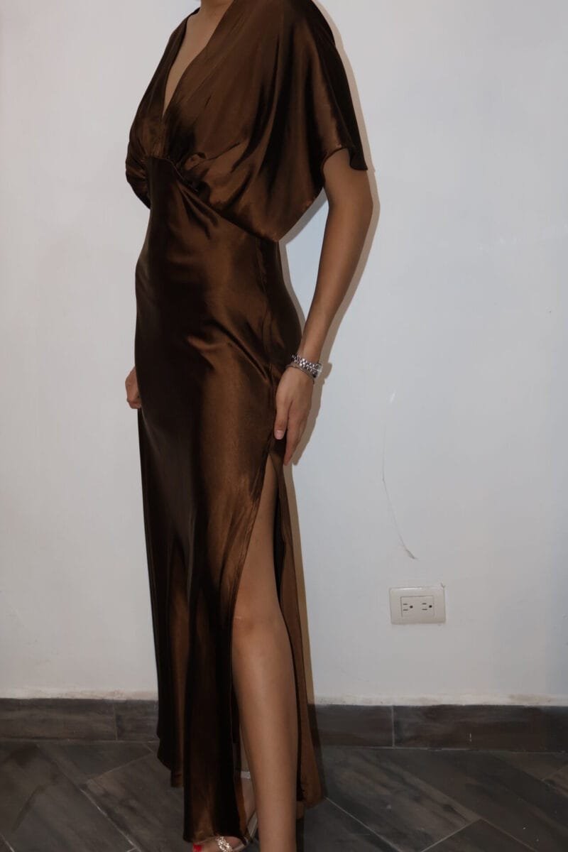 Vestido liso midi cafe - Image 3