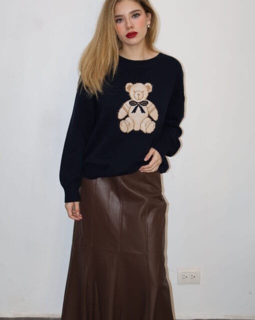 Falda midi tipo piel lisa café