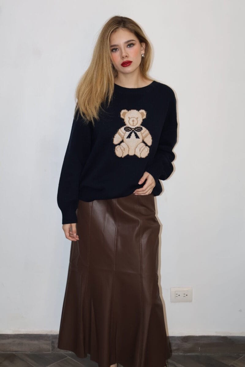 Falda midi tipo piel lisa café