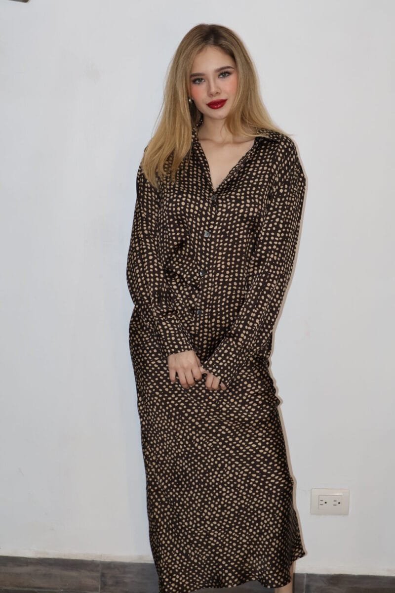 Falda midi polka dots café con nude