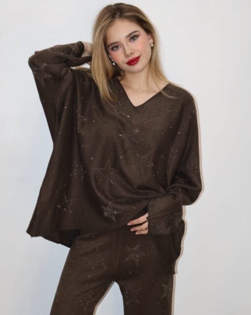 Set de pants cafe con estrellas de brillos