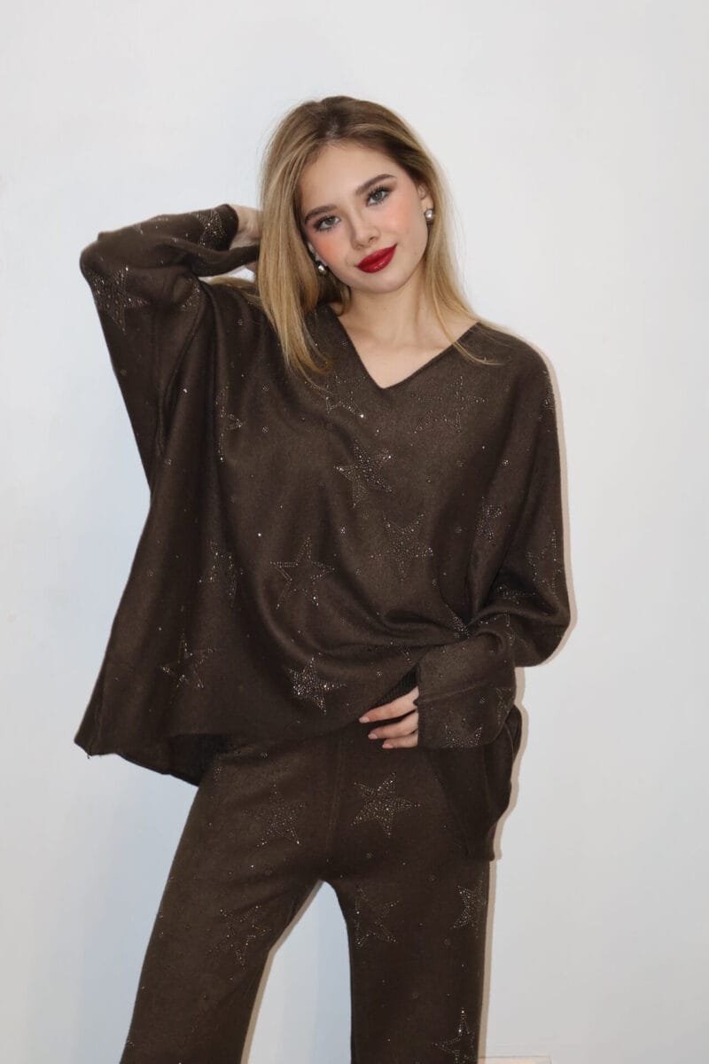Set de pants cafe con estrellas de brillos