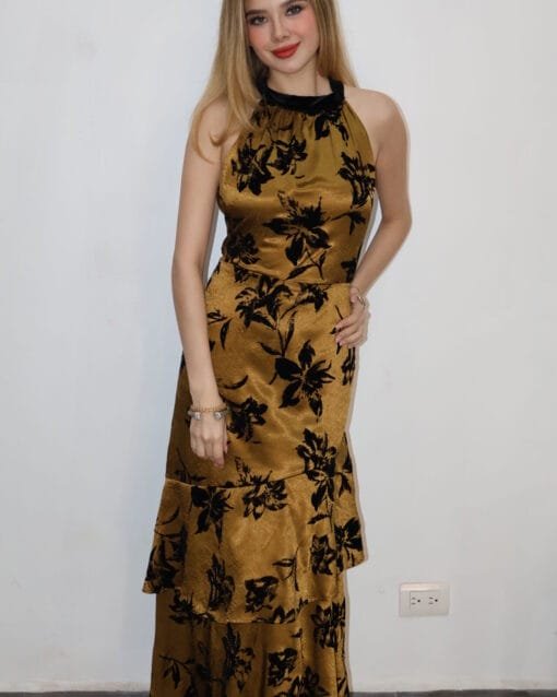 Vestido midi de velvet estampado café con negro