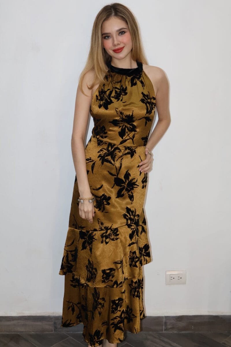 Vestido midi de velvet estampado café con negro