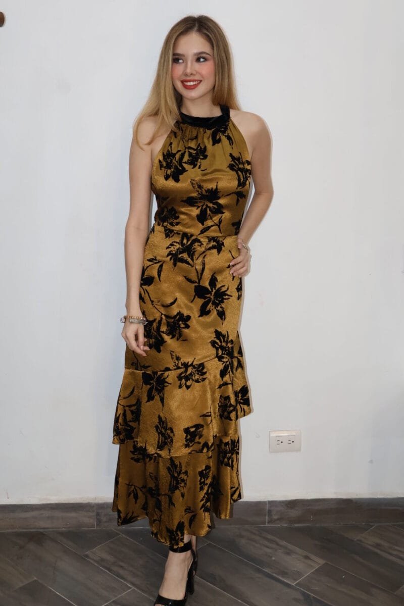 Vestido midi de velvet estampado café con negro - Image 2