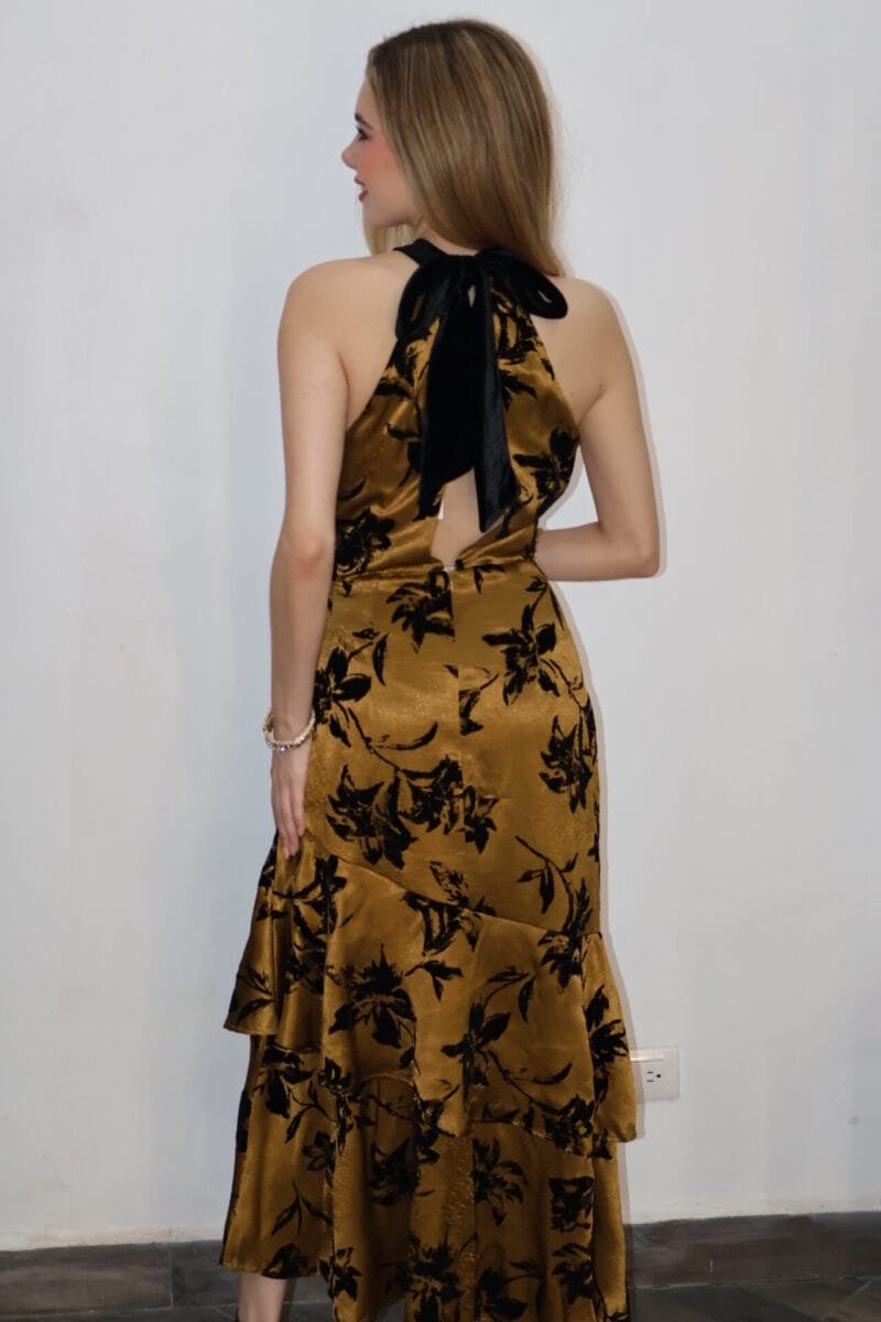 Vestido midi de velvet estampado café con negro - Image 5