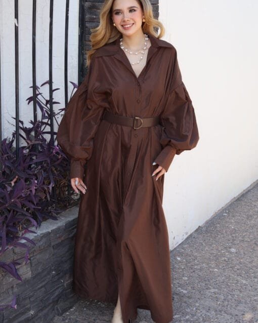 Vestido largo cafe manga larga con cinto