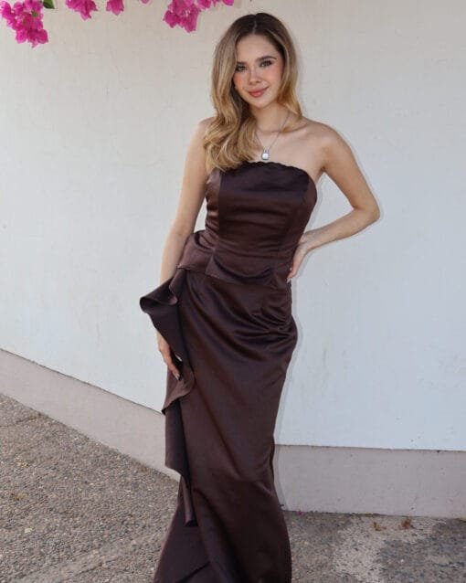 Vestido cafe largo strapples